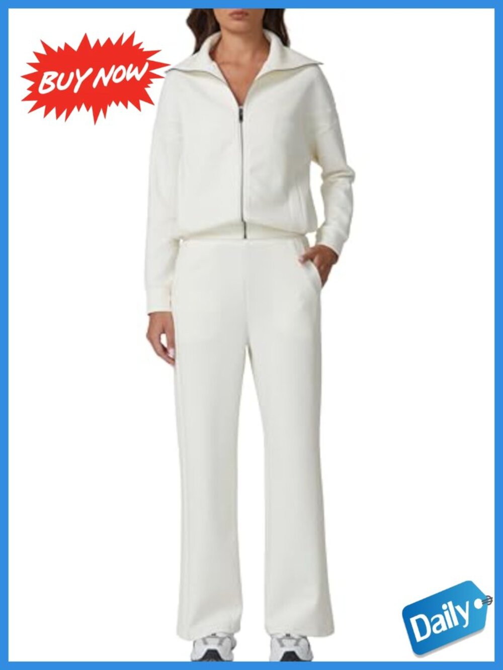 Cotton 2 Piece Zip Up Sweatshirt Wide Leg Pants Matching Tracksuit Set